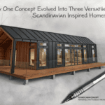A modern Scandinavian prefab home render emerging from an architectural hand drawing on a drafting table with a professional sketch pen.