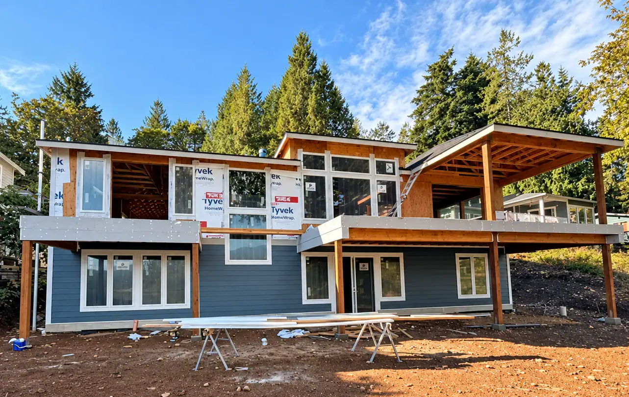Rear of a custom Washington home under construction with large covered deck areas